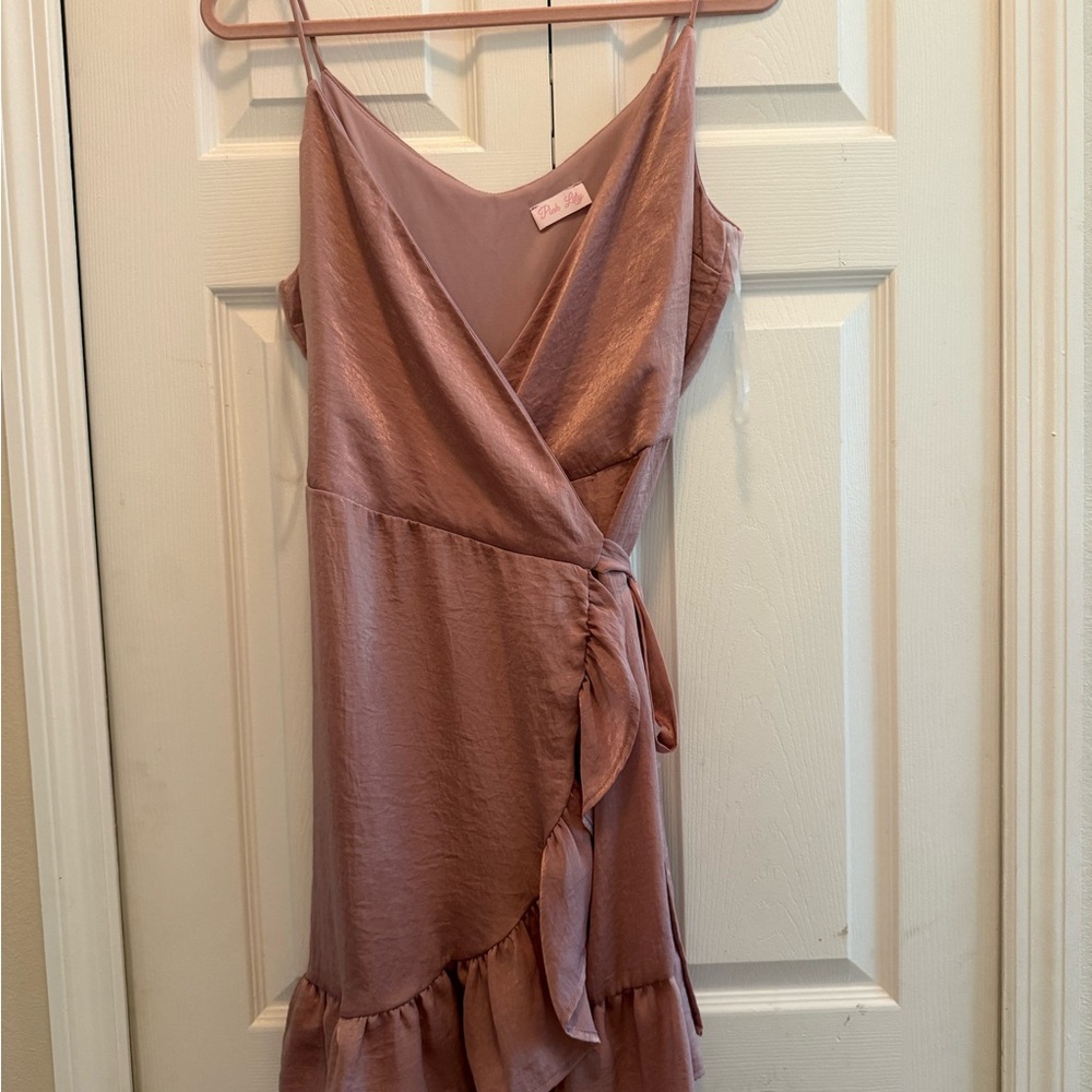 Pink Lily Dusty Rose Satin Wrap Mini Dress